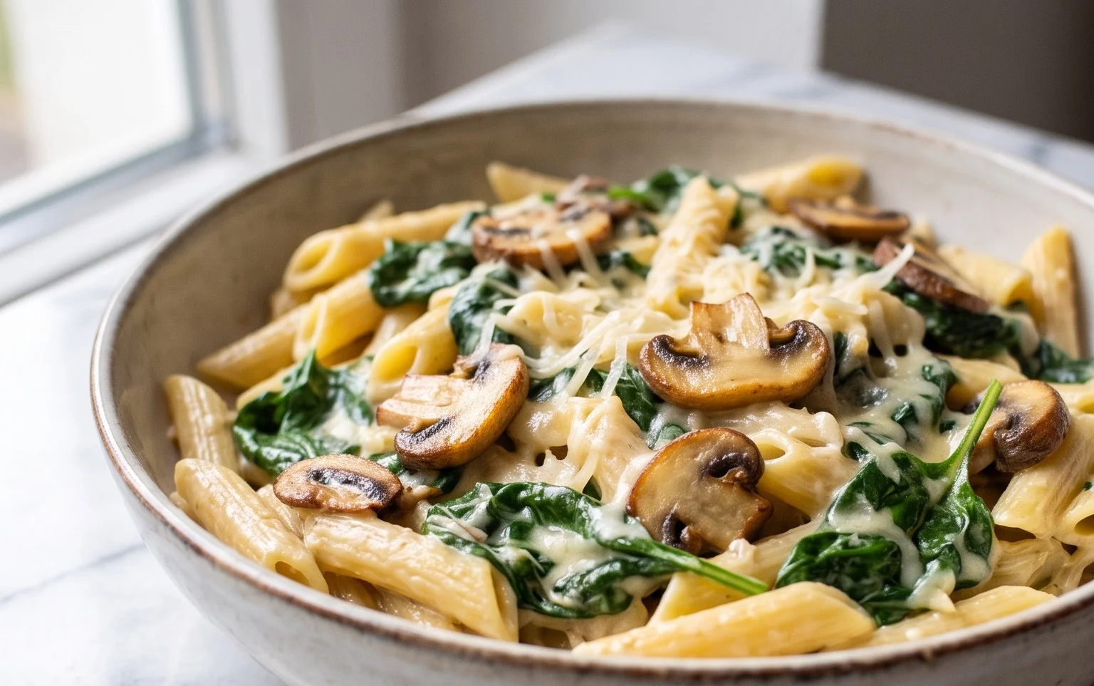 One-Pot Garlic Parmesan Pasta with Spinach and Mushrooms