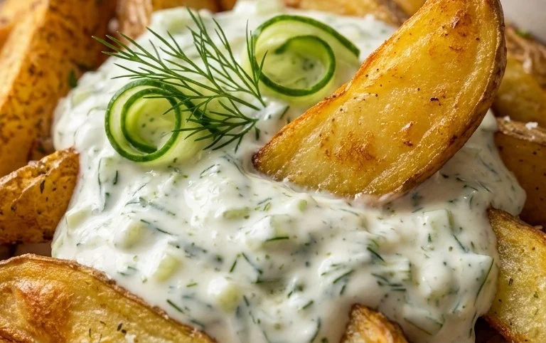 Kartoffelspalten mit Gurkendip