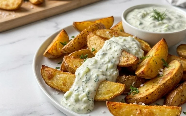 Kartoffelspalten mit Gurkendip