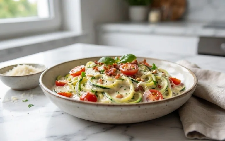 Zucchini-Spaghetti in cremiger Sauce– Zoodles