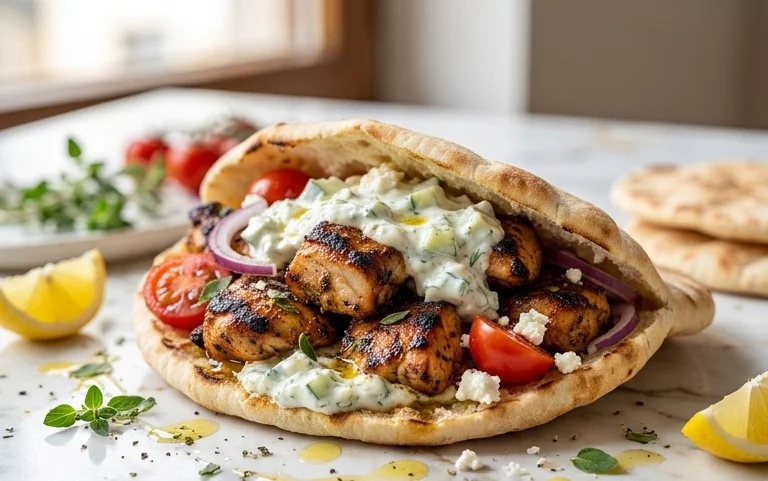 Mediterranes Hähnchen-Gyros mit Feta-Tzatziki genießen!