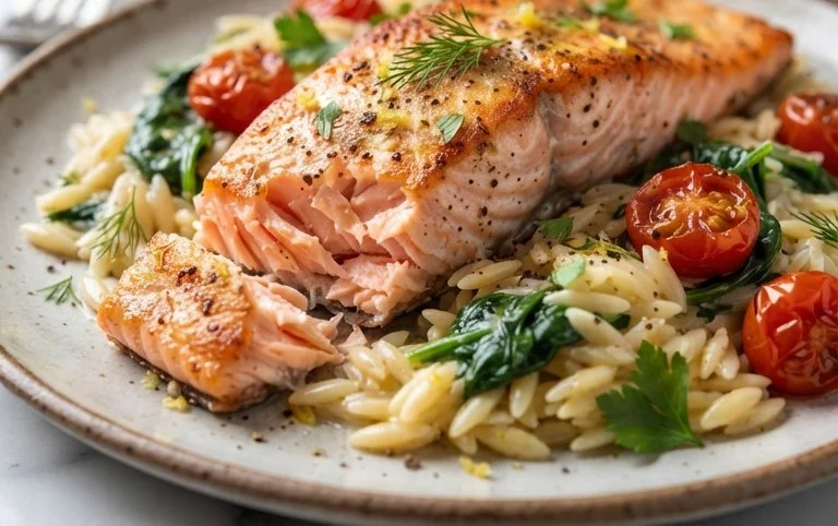 One Skillet Salmon with Lemon Orzo