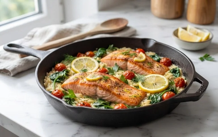 One Skillet Salmon with Lemon Orzo