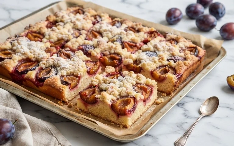 Pflaumenkuchen mit Streusel vom Blech (Quark-Öl-Teig)