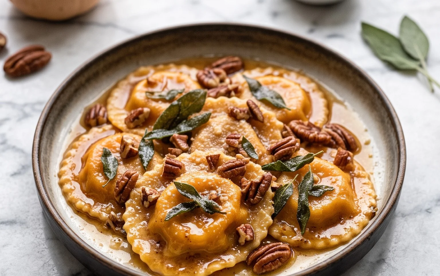 Butternut-Kürbis-Ravioli mit brauner Butter & Pekannüssen